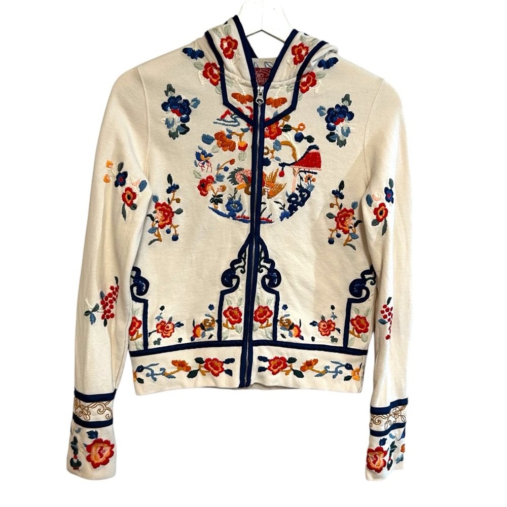 Y2K lucky brand XS zip up hoodie Asian Art design embroidery sweatshirt boho